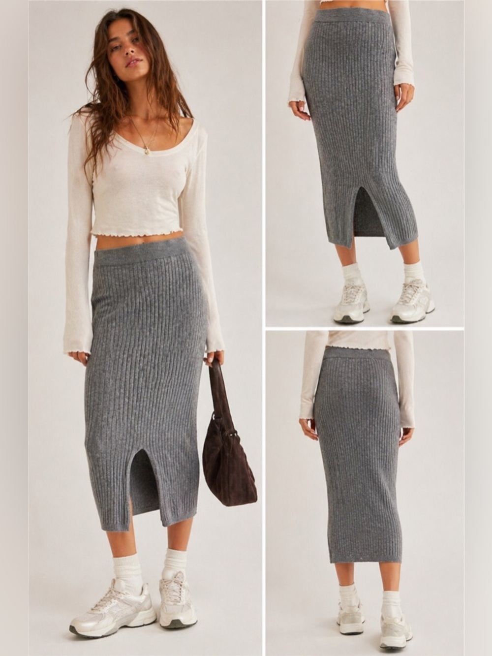 Free People Ribbed Knit Midi Skirt – Grey – XS